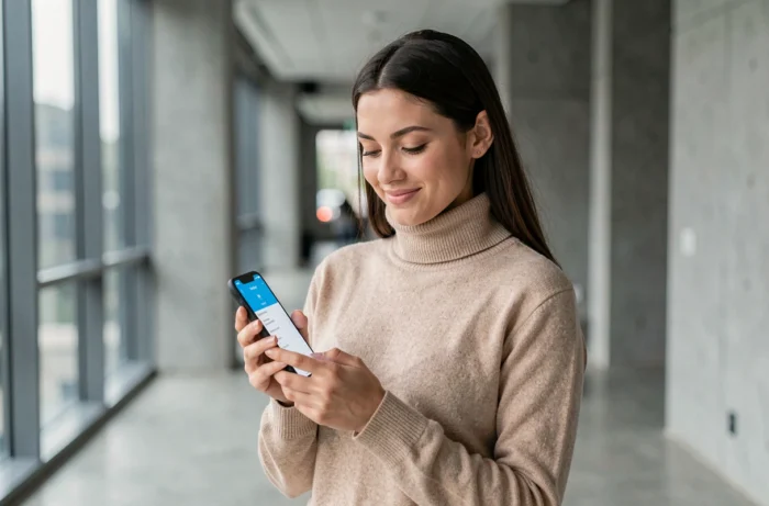 Jeune employée consultant son espace Smart RH Altran sur smartphone dans un couloir d'entreprise