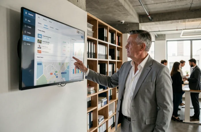 Administrateur de biens présentant un tableau de bord digital de gestion de copropriété sur grand écran