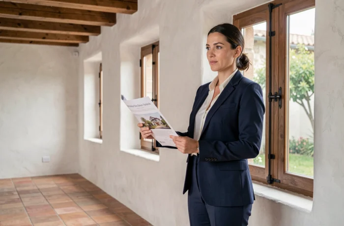 Agent immobilière présentant une maison rénovée au style traditionnel dans un village du Tarn
