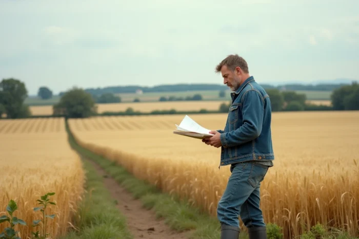Agriculteur consultant un document cadastral au bord d'un champ de blé en France