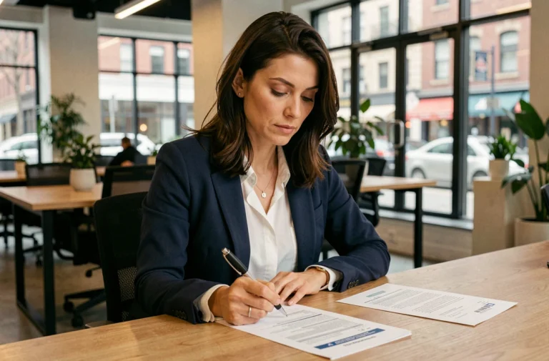 Femme professionnelle examinant des documents sur les aides au financement de formation dans un espace de coworking moderne