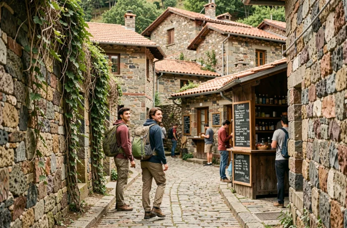 Un couple explorant un village de montagne albanais aux ruelles pavées et maisons en pierre traditionnelles