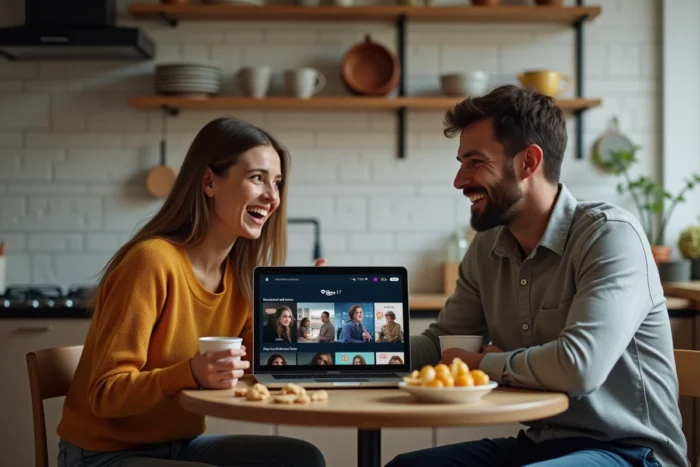 Deux amis regardant ensemble des séries en streaming gratuit sur un ordinateur portable dans une cuisine moderne