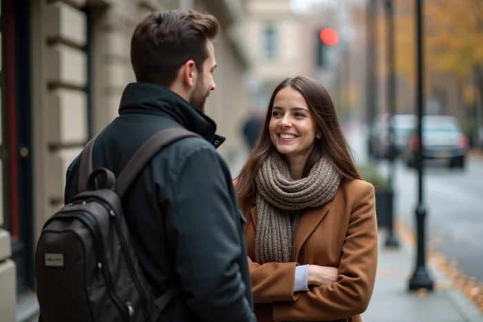 Deux amis dans une rue d'automne après une étreinte aux émotions ambivalentes