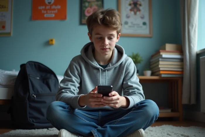 Adolescent utilisant une application d'échange linguistique comme Lingoo sur son smartphone dans sa chambre
