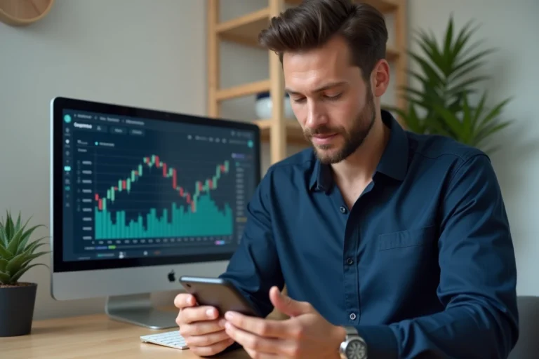 Homme utilisant une application fiable de crypto-monnaie sur smartphone dans un bureau moderne