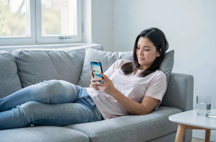 Jeune femme utilisant une application de santé sur son smartphone depuis son canapé pour contacter une équipe de bien-être