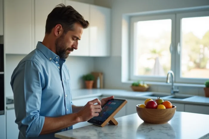Homme utilisant l'application SFR TV sur tablette dans une cuisine moderne