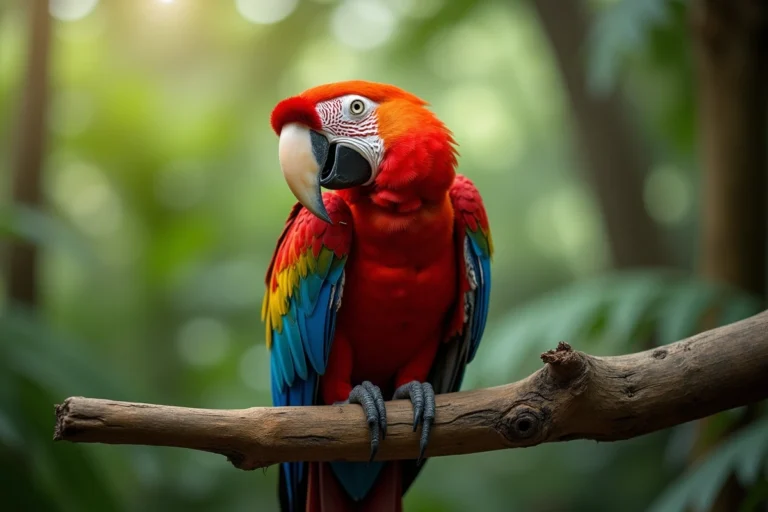 Ara rouge (Scarlet Macaw) perché sur une branche tropicale avec son plumage rouge, jaune et bleu éclatant en détail hyper-réaliste