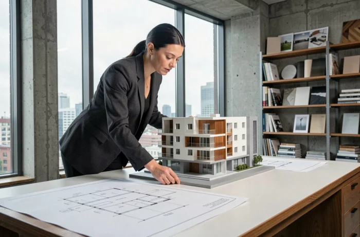Architecte féminine analysant une maquette 3D imprimée et des plans sur un bureau de studio de design moderne