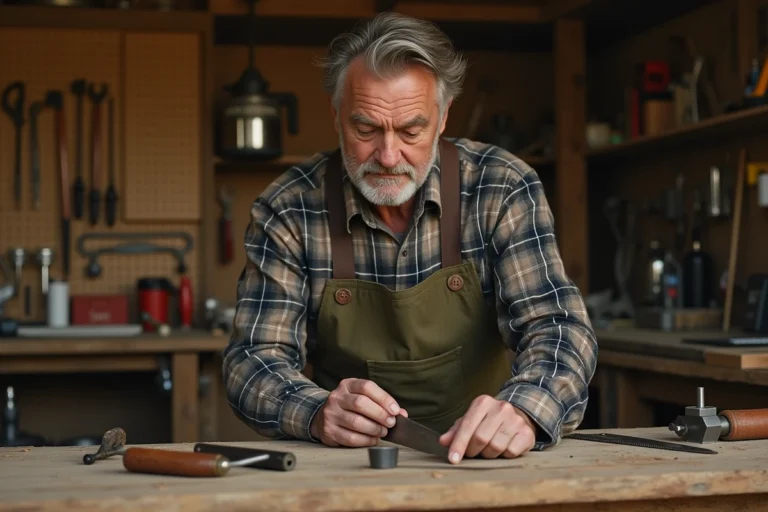 Artisan bricoleur organisant des outils en K sur un établi en bois dans un atelier de garage rustique