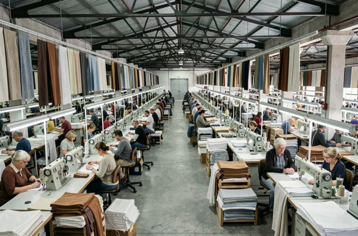Vue panoramique de l'atelier de confection d'une usine textile, rangées de machines à coudre industrielles