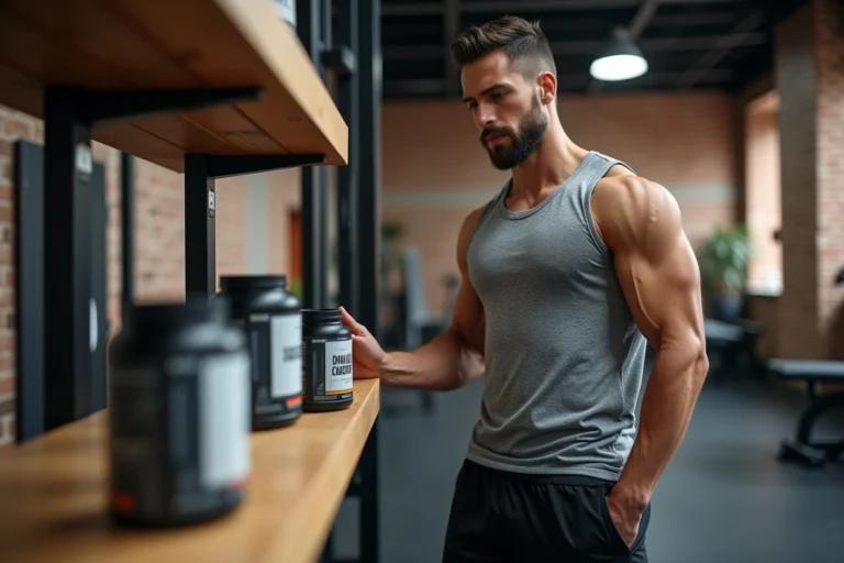 Athlète masculin en salle de sport tenant un pot de créatine et des probiotiques pour optimiser ses performances sportives