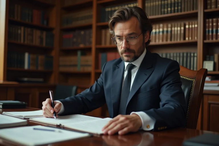 Avocat en costume marine examinant des documents juridiques relatifs à l'article 700 du code de procédure civile dans un cabinet parisien