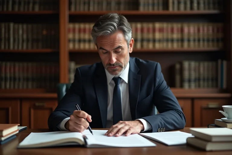 Avocat pénaliste étudiant des documents juridiques dans son bureau, illustrant les conséquences légales d'une agression physique