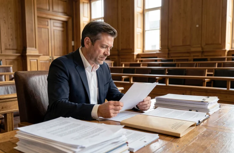 Avocat consultant des documents juridiques dans une salle d'audience française lors d'un procès lié au secteur de l'énergie solaire