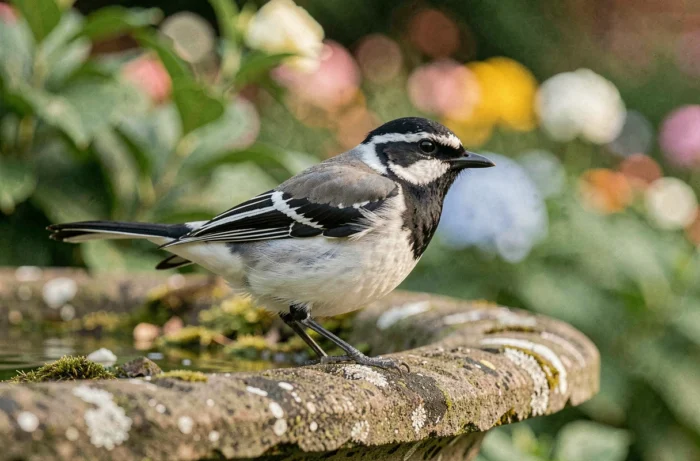 Bergeronnette grise perchée sur un bain d'oiseaux en pierre dans un jardin de banlieue, plumage noir et blanc détaillé