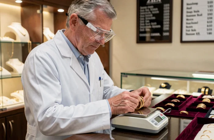 Bijoutier pesant des bracelets en or 9 carats sur une balance numérique dans une boutique professionnelle