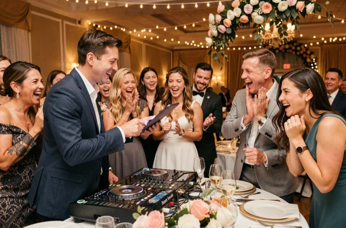 DJ animant un blind test musical autour de l'histoire du couple lors d'un repas de mariage avec des invités réactifs et souriants