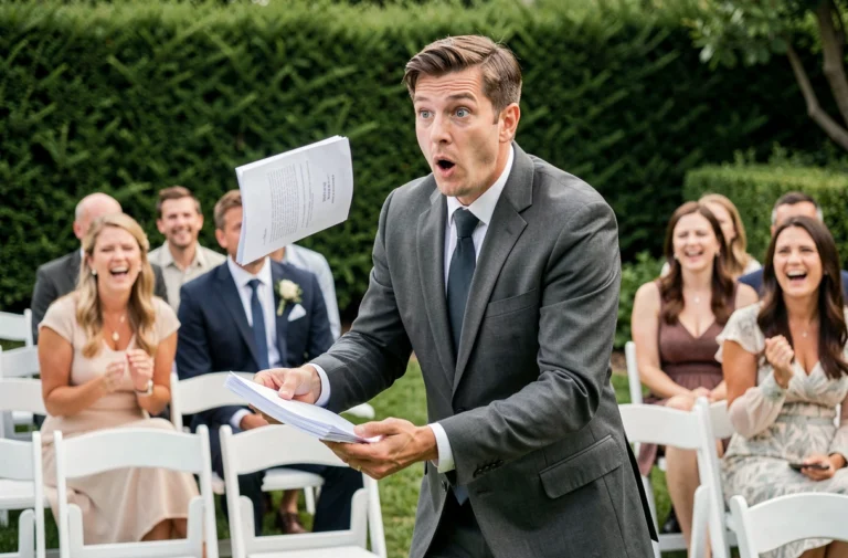 Officiant de mariage surpris laissant tomber ses papiers pendant la cérémonie en extérieur, réaction comique capturée en photo candide