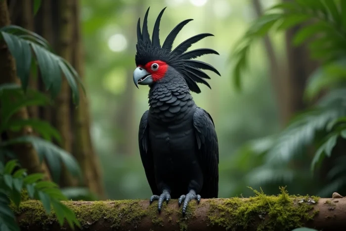 Cacatoès noir de Palmyre avec sa huppe déployée sur un tronc moussu dans la jungle de Nouvelle-Guinée, portrait environnemental en détail réaliste
