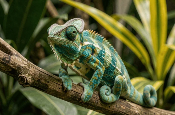 Caméléon aux écailles multicolores agrippé à une branche dans un jardin botanique tropical, illustrant les incroyables capacités d'adaptation des reptiles exotiques
