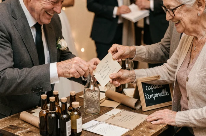Couple de personnes âgées glissant un message manuscrit dans une bouteille lors d'une activité capsule temporelle à un mariage