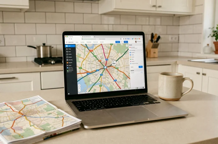 Carte interactive des autoroutes de France affichée sur un ordinateur portable posé sur un comptoir de cuisine moderne