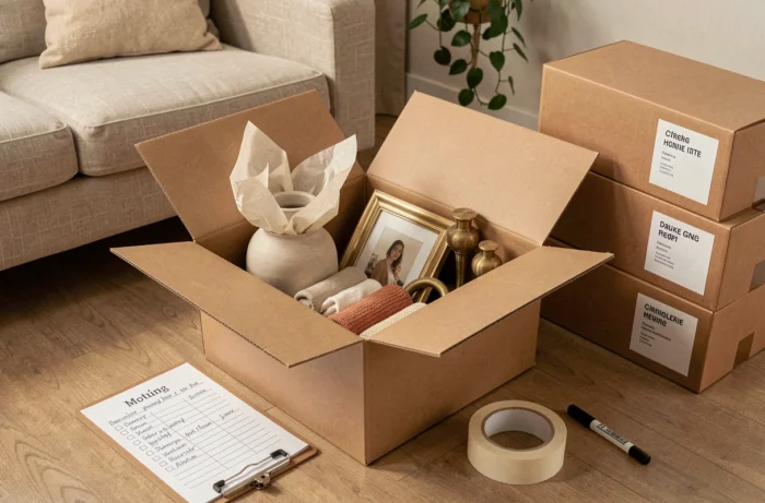 Carton de déménagement soigneusement organisé avec des objets décoratifs emballés et une liste de contrôle