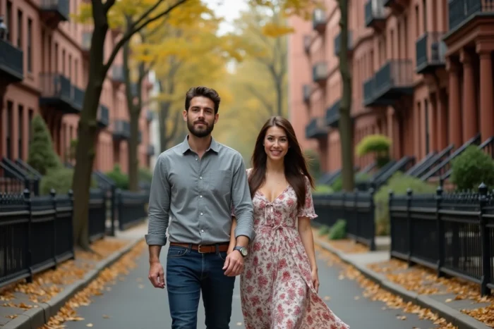 Couple élégant se promenant dans une rue urbaine bordée d'arbres en automne, évoquant la relation entre Cassandra Troy et Andrew W. Walker