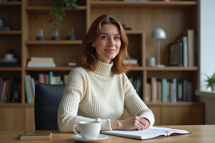 Femme élégante dans un bureau moderne à domicile, représentant le parcours professionnel et personnel de Cassandra Troy