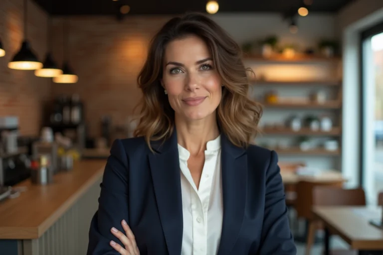 Portrait d'une femme élégante dans la trentaine dans un café moderne, illustrant le style et la personnalité de Cassandra Troy