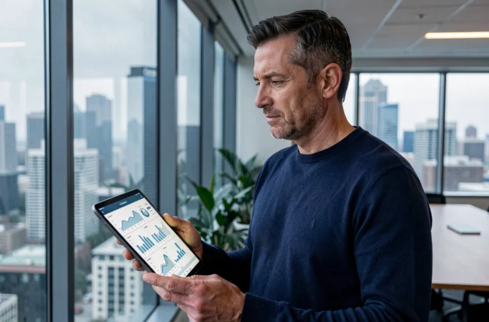 Chef d'entreprise analysant des données de croissance sur une tablette devant une vue panoramique d'une ville moderne