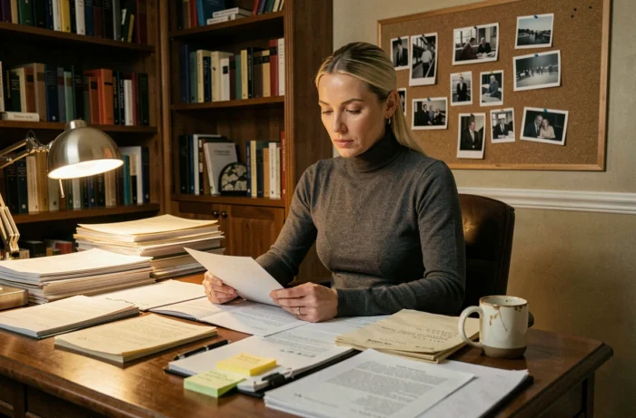 Actrice ressemblant à Chloe Decker analysant des dossiers dans un bureau de détective, nouvelle apparence de Lauren German dans Lucifer