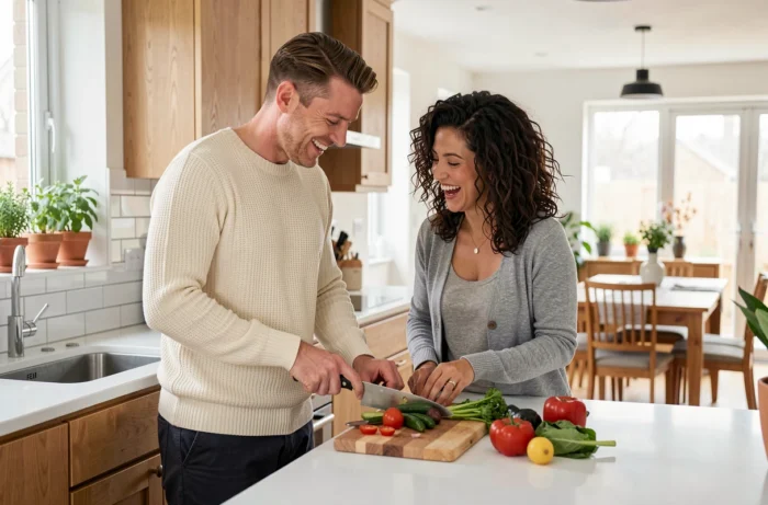 Couple canadien préparant un repas ensemble dans une cuisine moderne, ambiance vie de famille quotidienne
