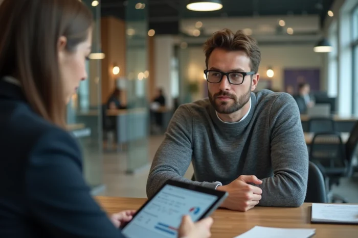 Client masculin consultant un conseiller bancaire pour négocier le meilleur taux d'intérêt en agence