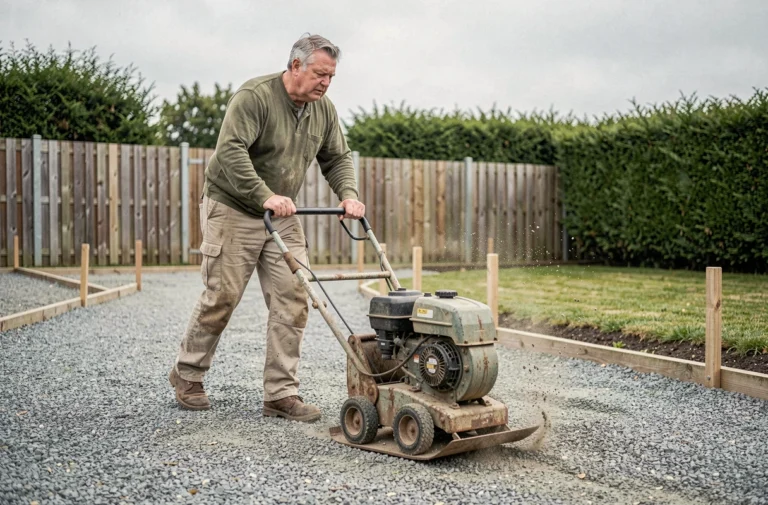 Ouvrier utilisant une plaque vibrante pour compacter du gravier sur une allée de jardin en construction