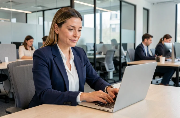 Femme professionnelle se connectant à un espace RH en ligne sur un ordinateur portable dans un bureau moderne