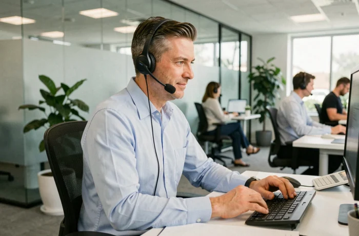 Conseiller d'une équipe de bien-être en ligne portant un casque audio et répondant à des questions de santé par téléphone