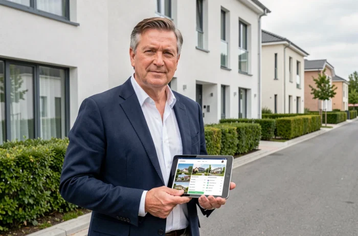 Conseiller immobilier devant un immeuble neuf en banlieue française tenant une tablette avec des annonces immobilières