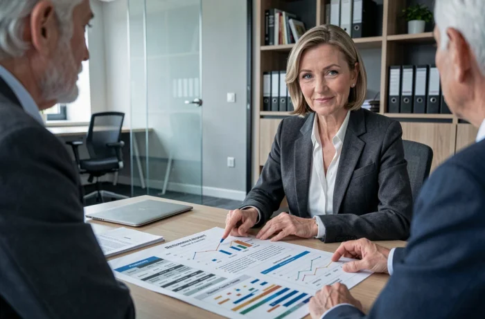 Conseillère financière présentant un bilan de retraite anticipée à un couple lors d'un rendez-vous en cabinet