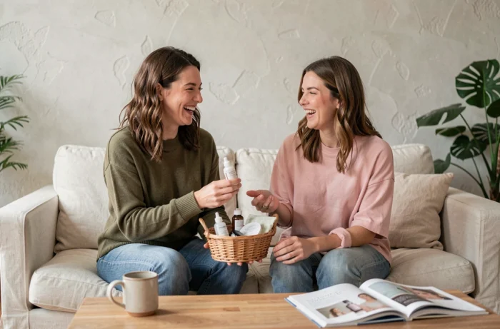 Deux femmes partageant des conseils beauté avec des produits de soin sur un canapé dans un salon moderne