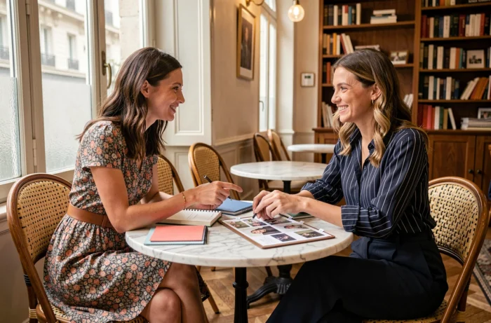 Due donne con stili distinti discutono di tendenze moda attorno a tavole di ispirazione in un caffè parigino chic