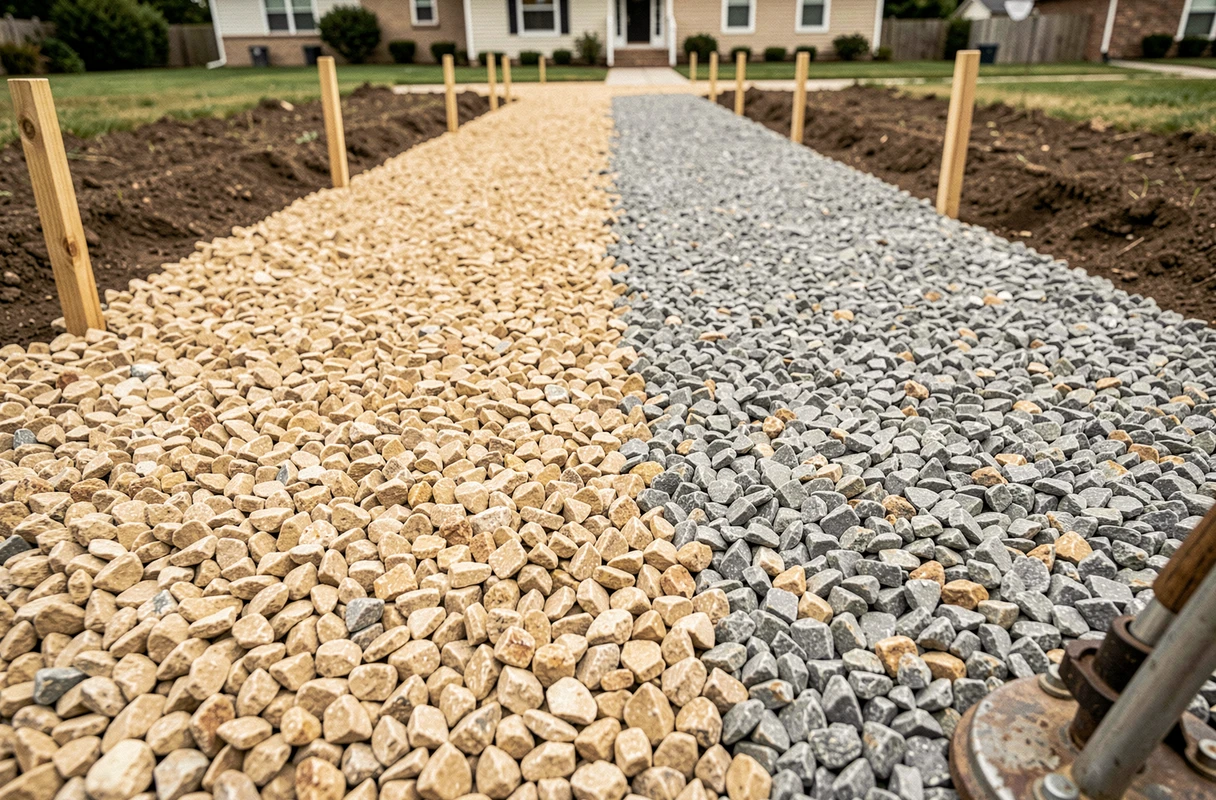 Vue aérienne rapprochée montrant le contraste entre gravier non compacté et gravier compacté sur une allée de jardin