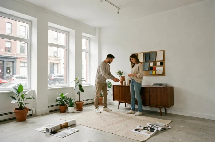 Couple aménageant leur nouvel appartement avec des meubles et objets décoratifs lors d'un déménagement