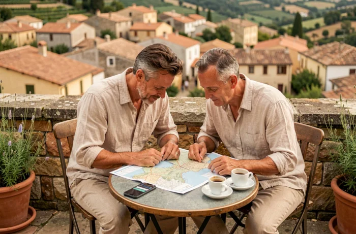 Couple consultant une carte papier sur une terrasse en pierre avec vue sur un village méditerranéen lors d'un voyage sur mesure