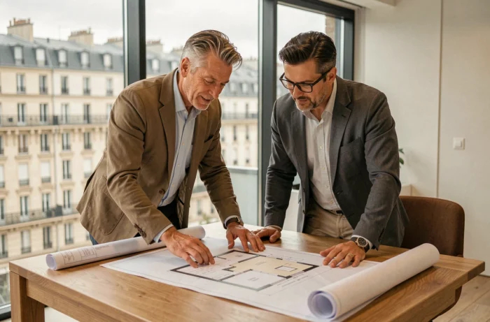 Couple de professionnels examinant des plans immobiliers dans une agence moderne avec vue sur des immeubles haussmanniens en France