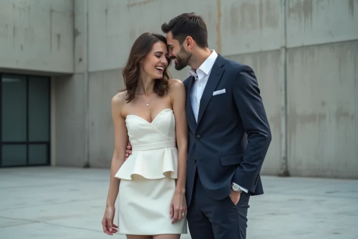 Couple de mariés en décor urbain minimaliste, mariée en robe courte structurée blanche