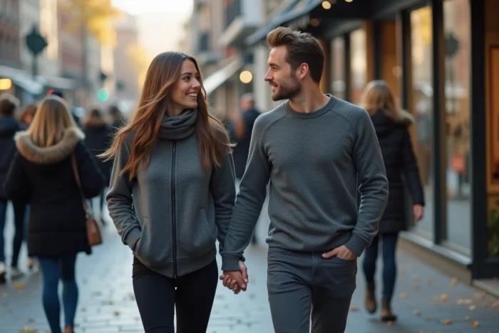 Couple se promenant en ville, l'homme focalisé sur sa partenaire malgré l'environnement animé, symbole de fidélité masculine