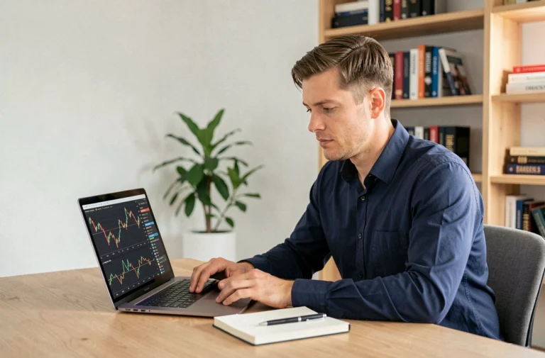 Homme concentré analysant des graphiques boursiers sur un ordinateur portable dans un bureau à domicile minimaliste